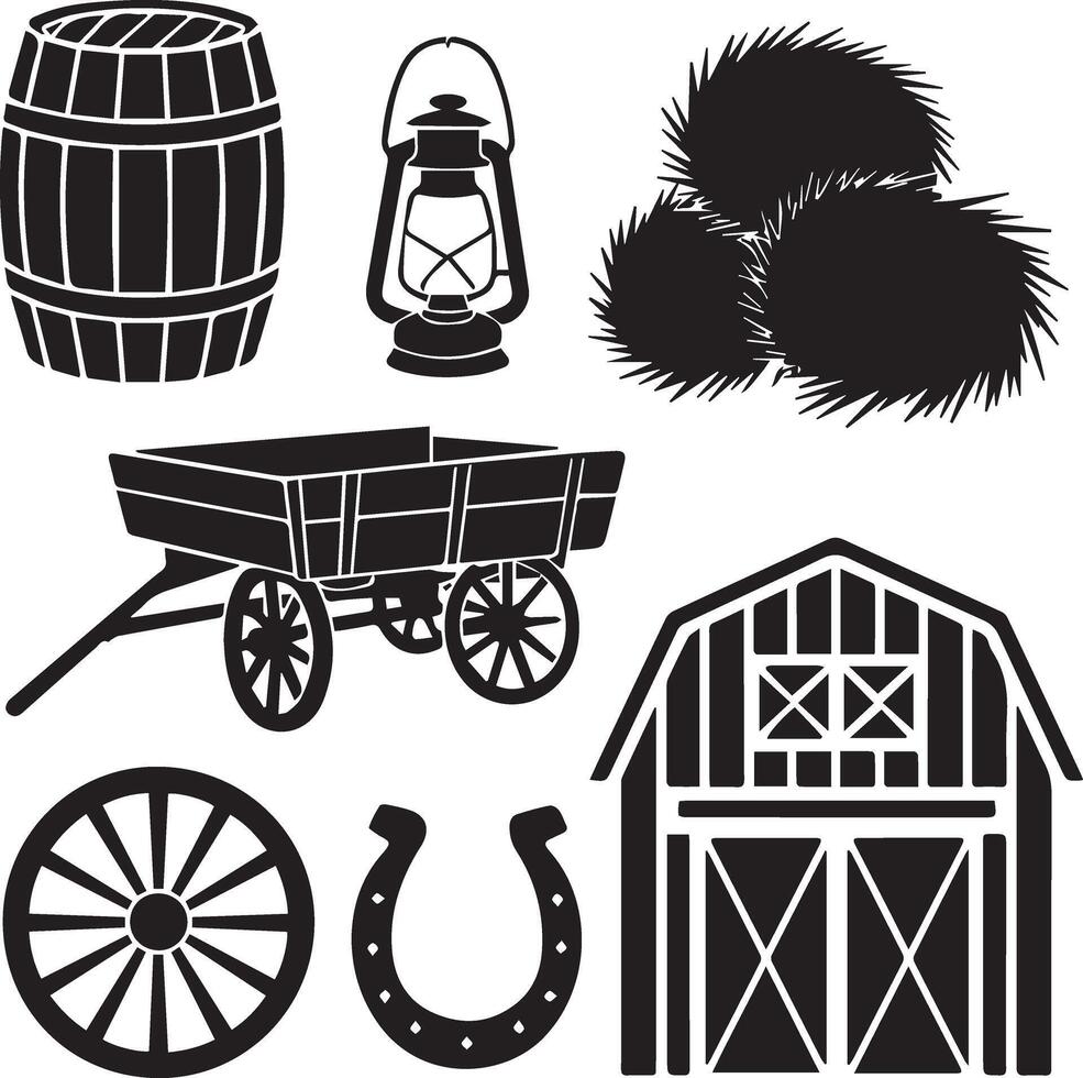 A silhouette style illustration of a wooden barrel, a haystack, a lantern, a wagon wheel, a horseshoe, and a barn door. vector