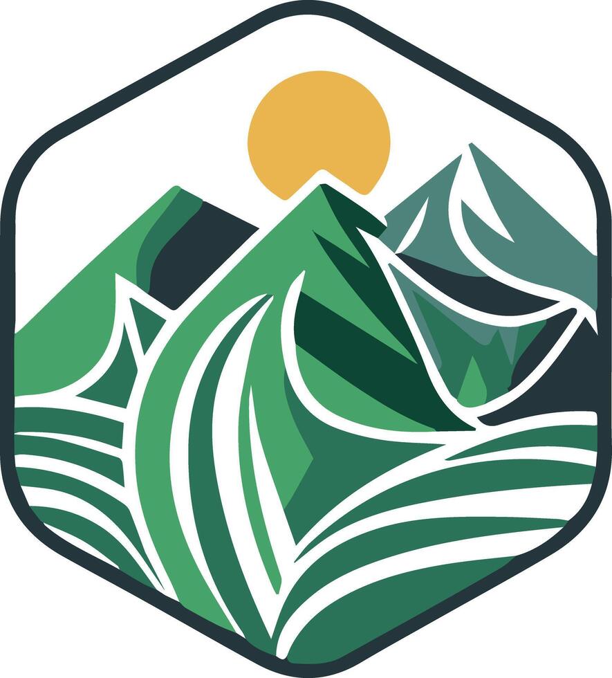 A unique flat color illustration logo of nature with mountain and sun in side pentagon shape . vector