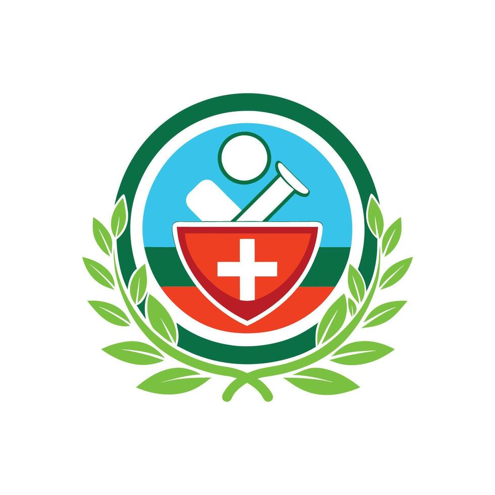A medical emblem with a red cross and a green laurel vector