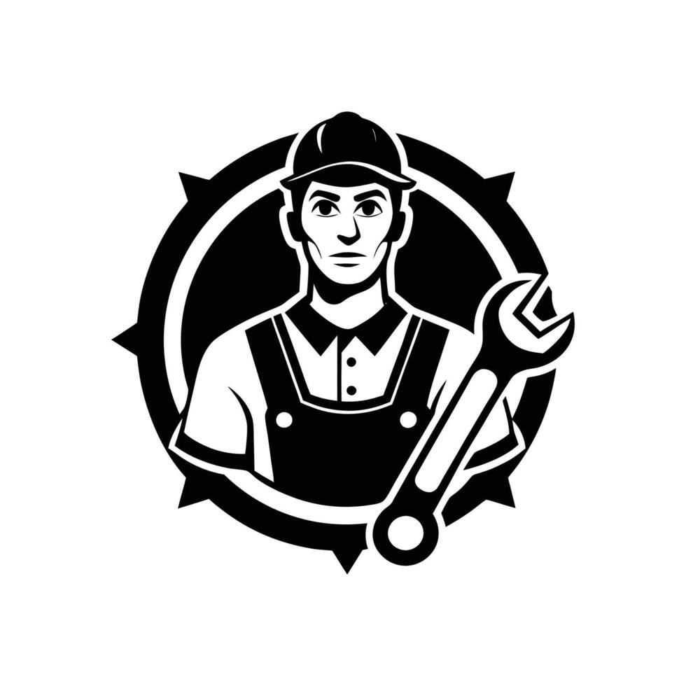 A black and white image of a man holding a wrench vector