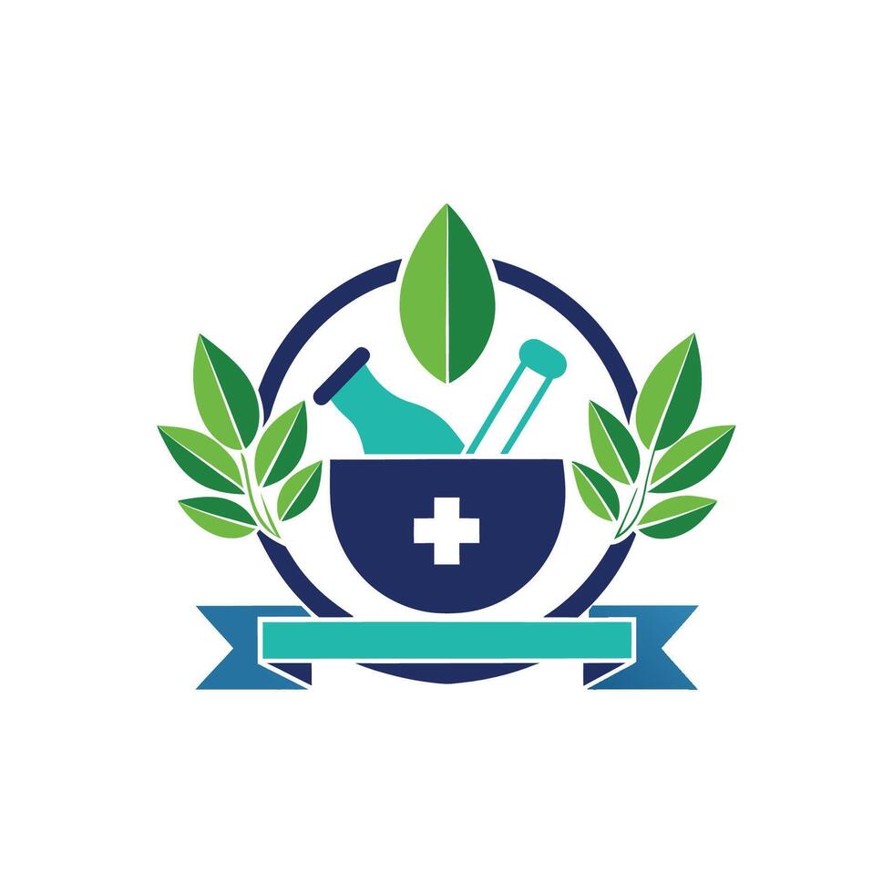 A logo for a pharmacy with a medicine bottle and leaves vector