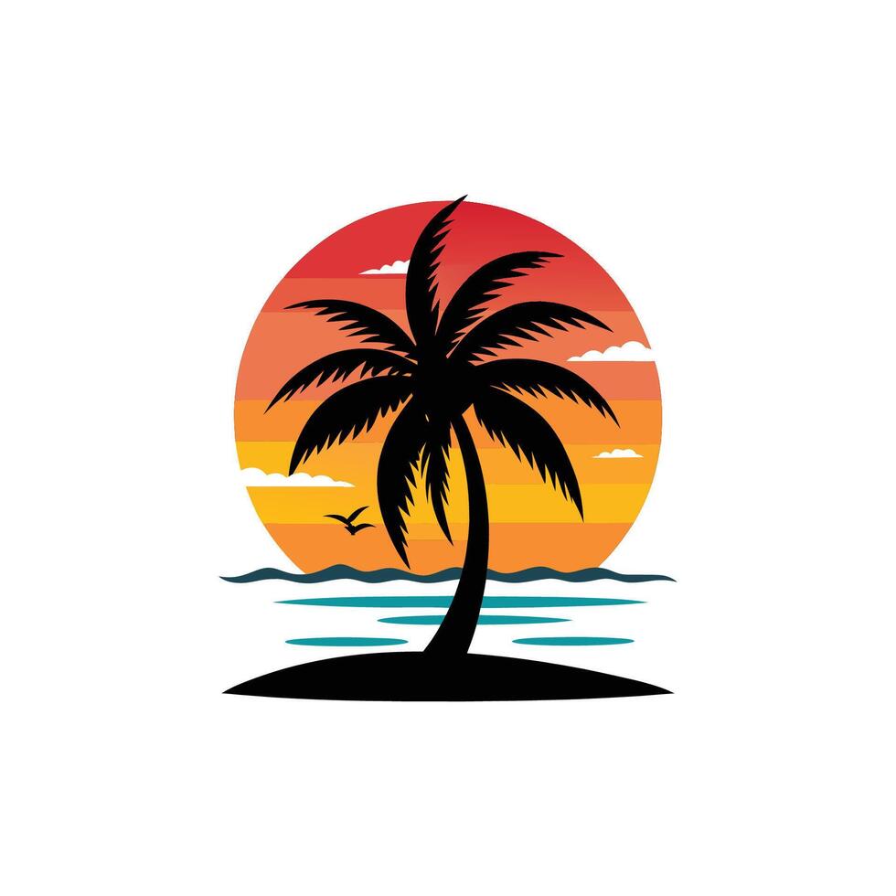 Palm tree on the beach at sunset illustration vector