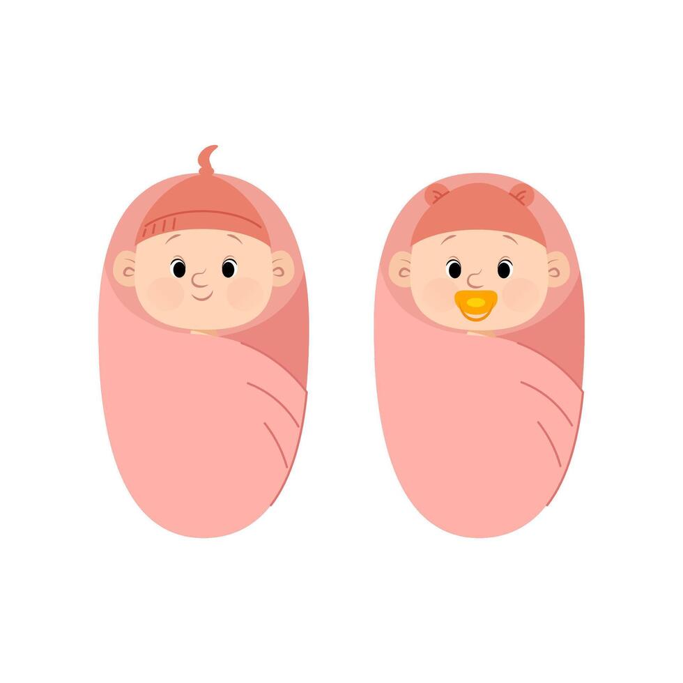 Set of little newborn girls wrapped up and wearing cute hats vector