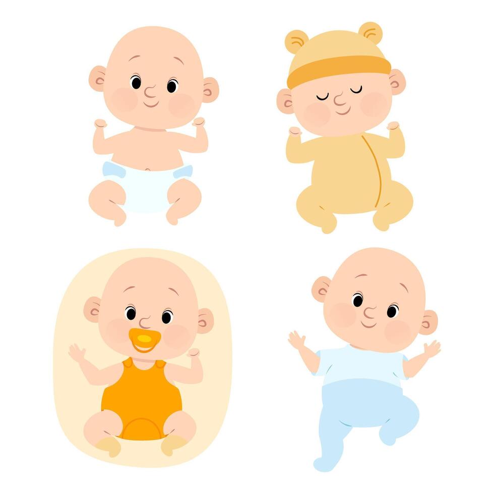 Set of funny newborn baby boys in diapers and clothes vector