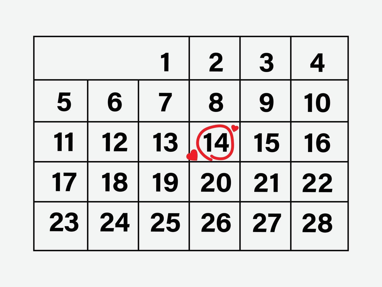 14th February Mark Calendar. The Calendar with the Marked date of February 14 Valentine's day. Calendar Page The Month Of February. Happy Valentine Day. vector