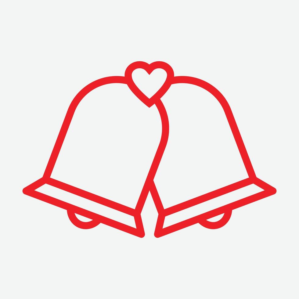 Two Wedding Bells with heart symbol on top using outline style. Wedding bells icon. Bells With Heart. vector