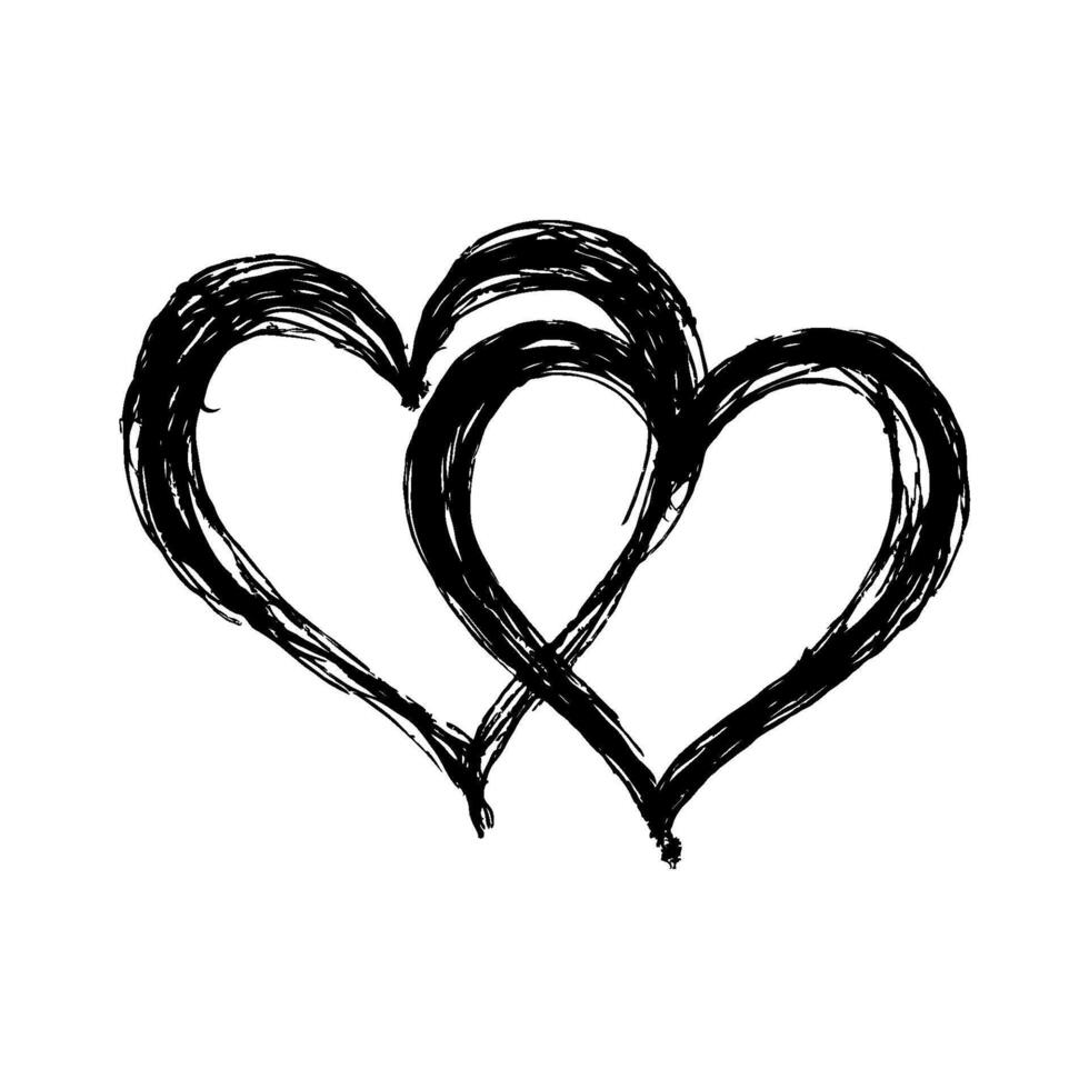 Two rough, black brushstroke hearts intertwined, set against a clean white background. Symbol of love, unity, and romance. Valentine's day illustration. vector