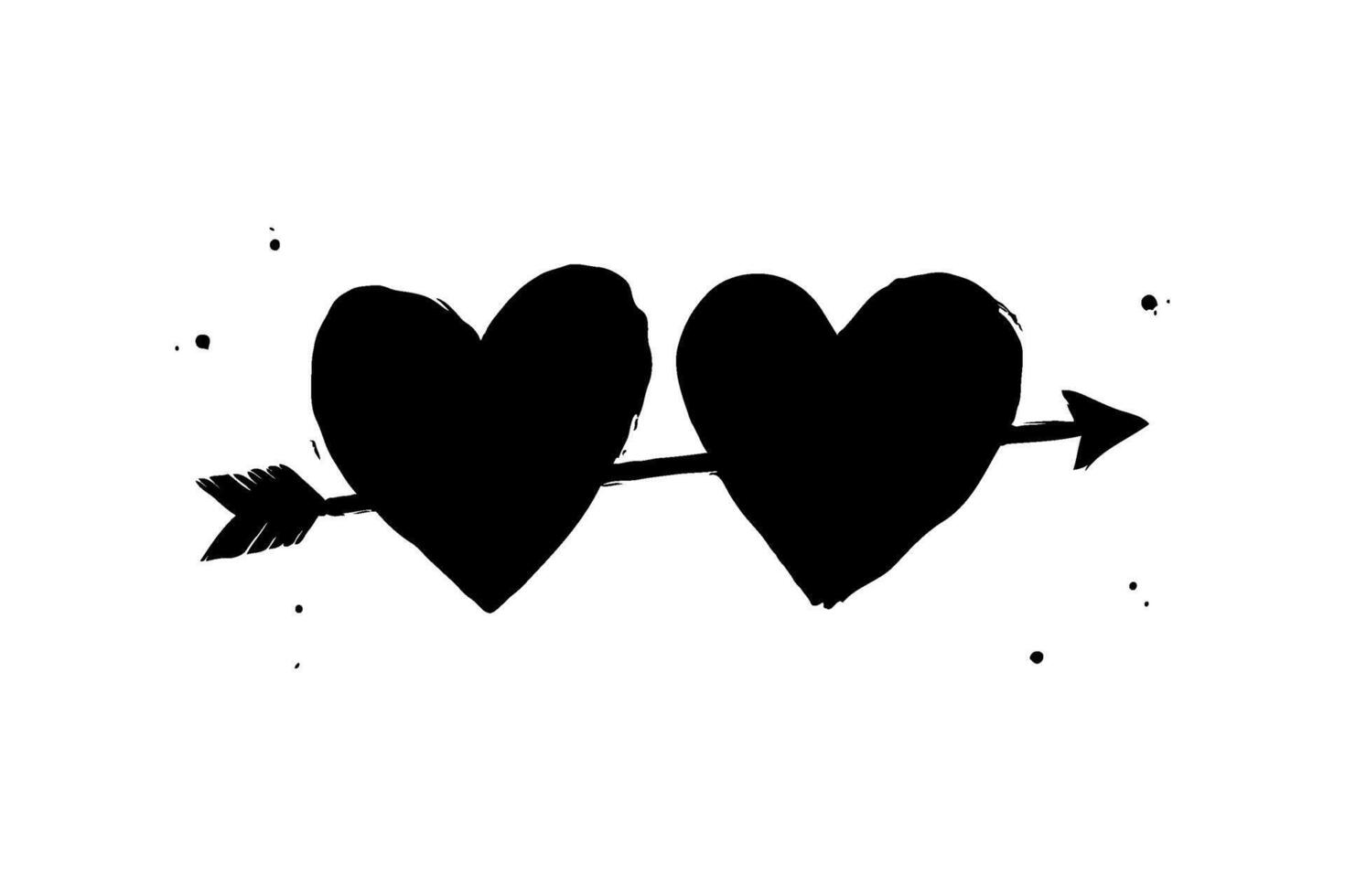 Two black hearts pierced by an arrow, presented in a grunge artistic style on a plain white background, symbolizing love. Valentine's day illustration. vector