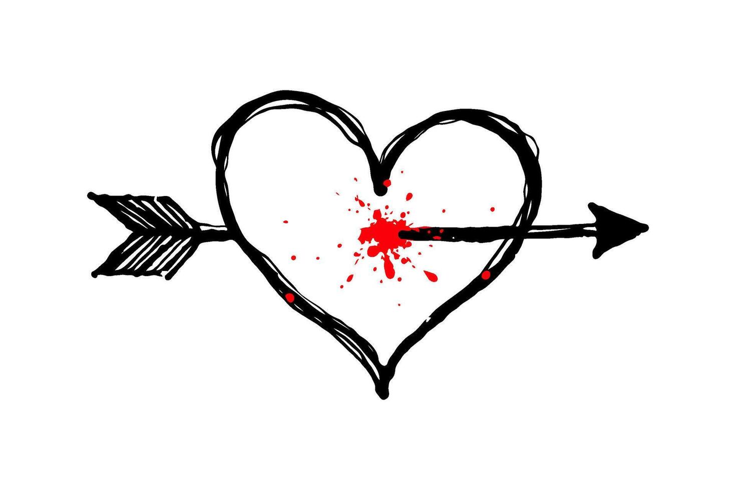 Hand-drawn heart pierced by an arrow, featuring red splatter details on a clean white background. Symbol of love and heartbreak. Valentine's day illustration. vector