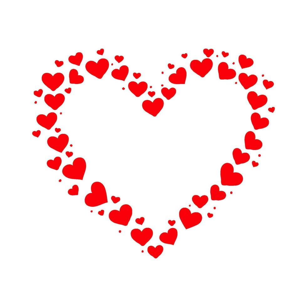 Heart-shaped arrangement composed of red hearts of various sizes on a clean white background. Concept of love and romance. Valentine's day illustration. vector