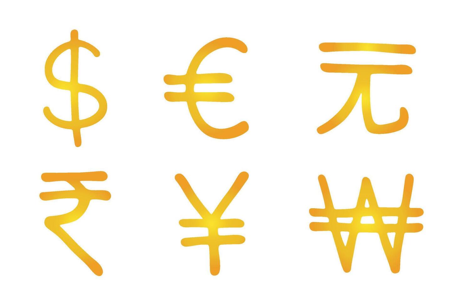 Hand drawn multiple gold currencies symbol set Dollar euro yuan yen won rupee 3 vector