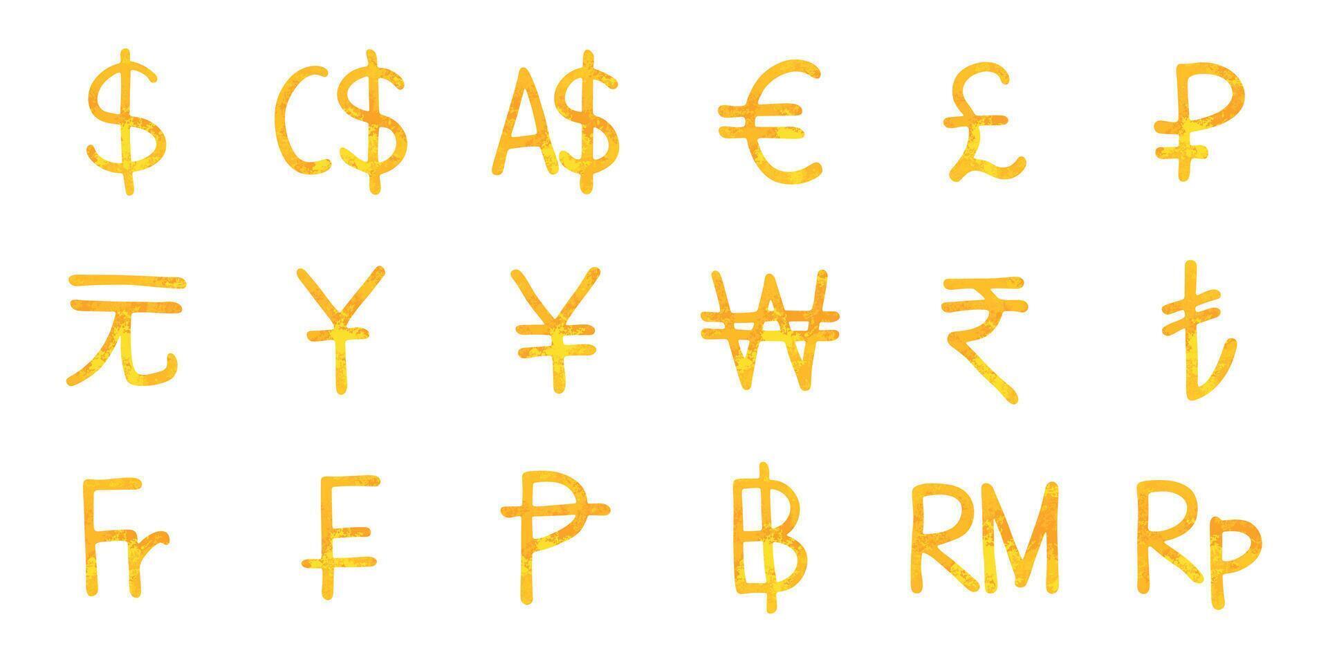 Hand drawn gold currency symbol set Dollar euro pound ruble yuan yen won rupee lira franc peseta baht ringgit rupiah 3 vector