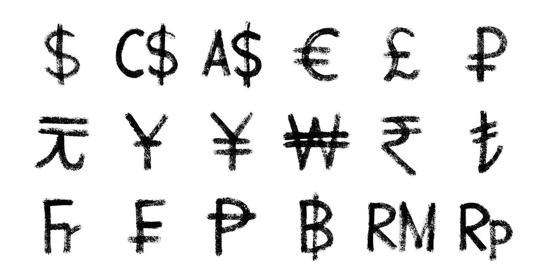 Hand drawn currency symbol set Dollar euro pound ruble yuan yen won rupee lira franc peseta baht ringgit rupiah 3 vector