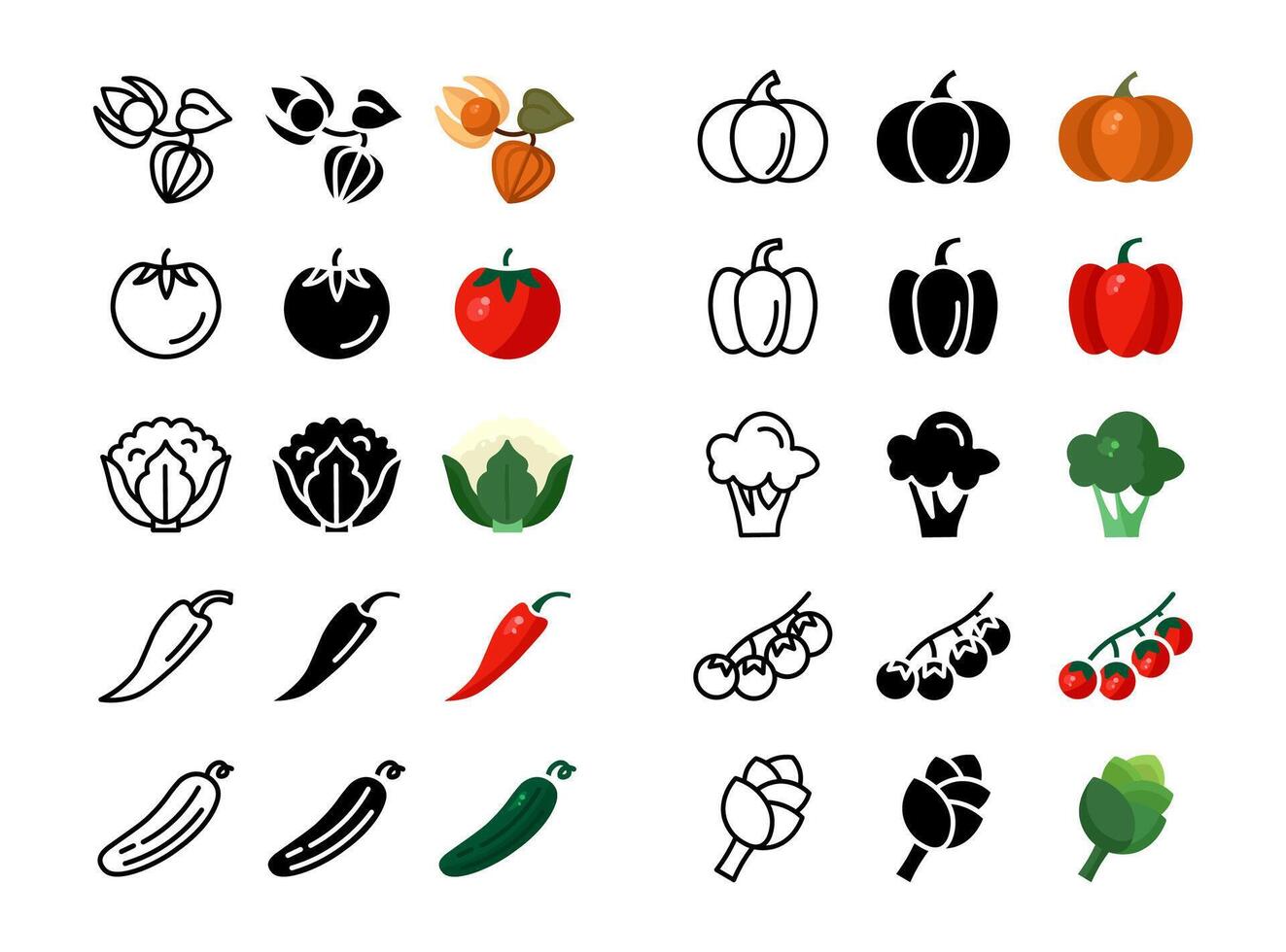 Seasonal vegetables icon set. Tomato and cucumber sign. Paprika and chili peppers symbol. Cabbage cauliflower and broccoli pictogram. Pumpkin illustration. vector