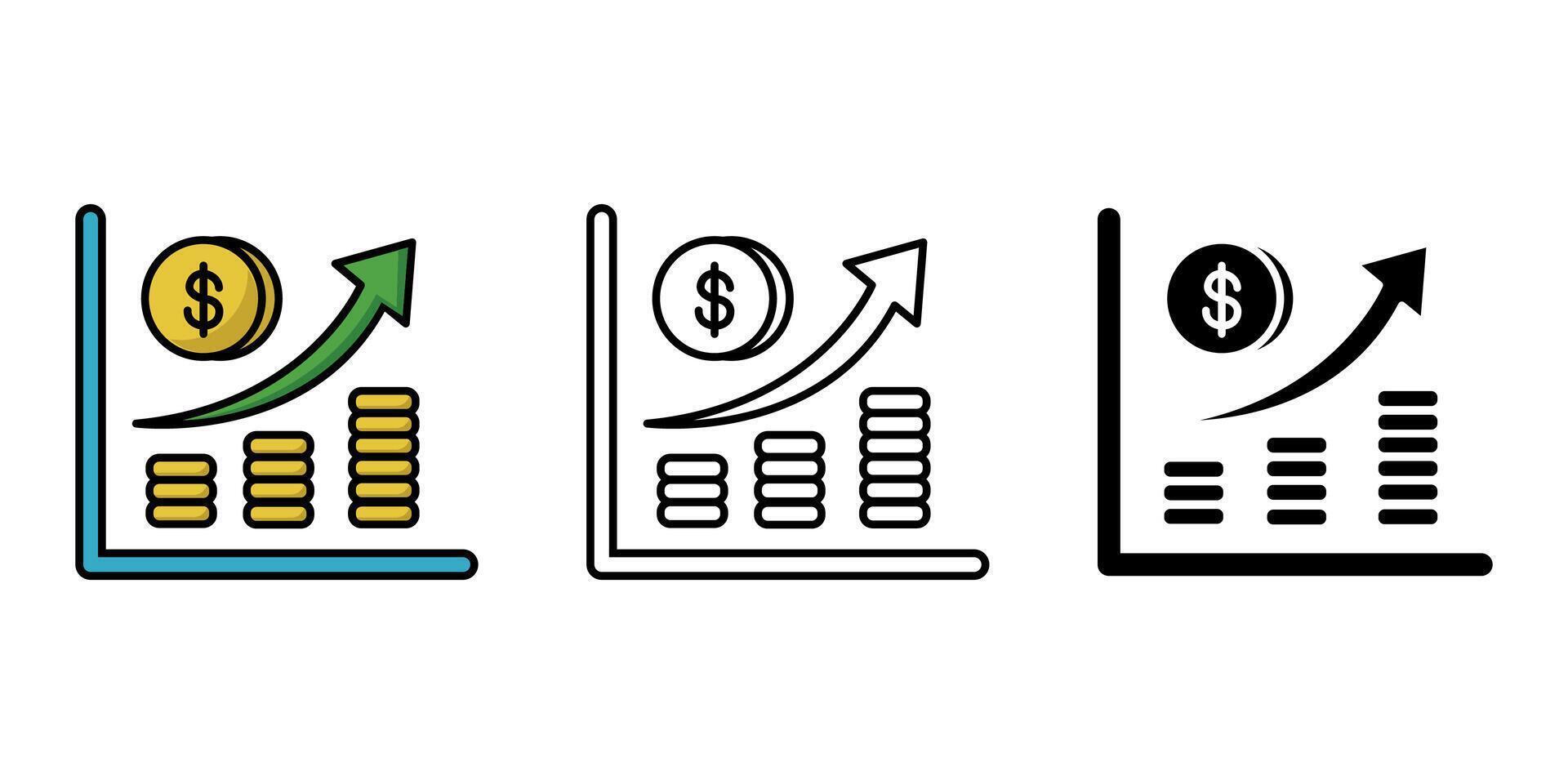 Money investment chart icon. Dollar coin graph with growth arrow symbol. Financial increase diagram sign. Business marketing success pictogram. Economic color illustration. vector