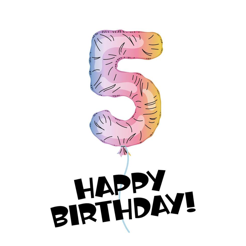 Birthday balloon. Decor for party, birthday. Number 5 made with foil holographic. Happy Birthday Lettering. Greeting card. Rainbow number. vector