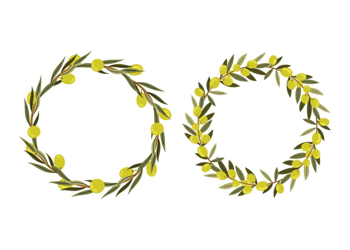 Green olive wreath. Round foliated frame with olives. Plant wreaths. Space for Text, photo. Card template for Wedding, Invitation, Greeting. Tree branches. vector
