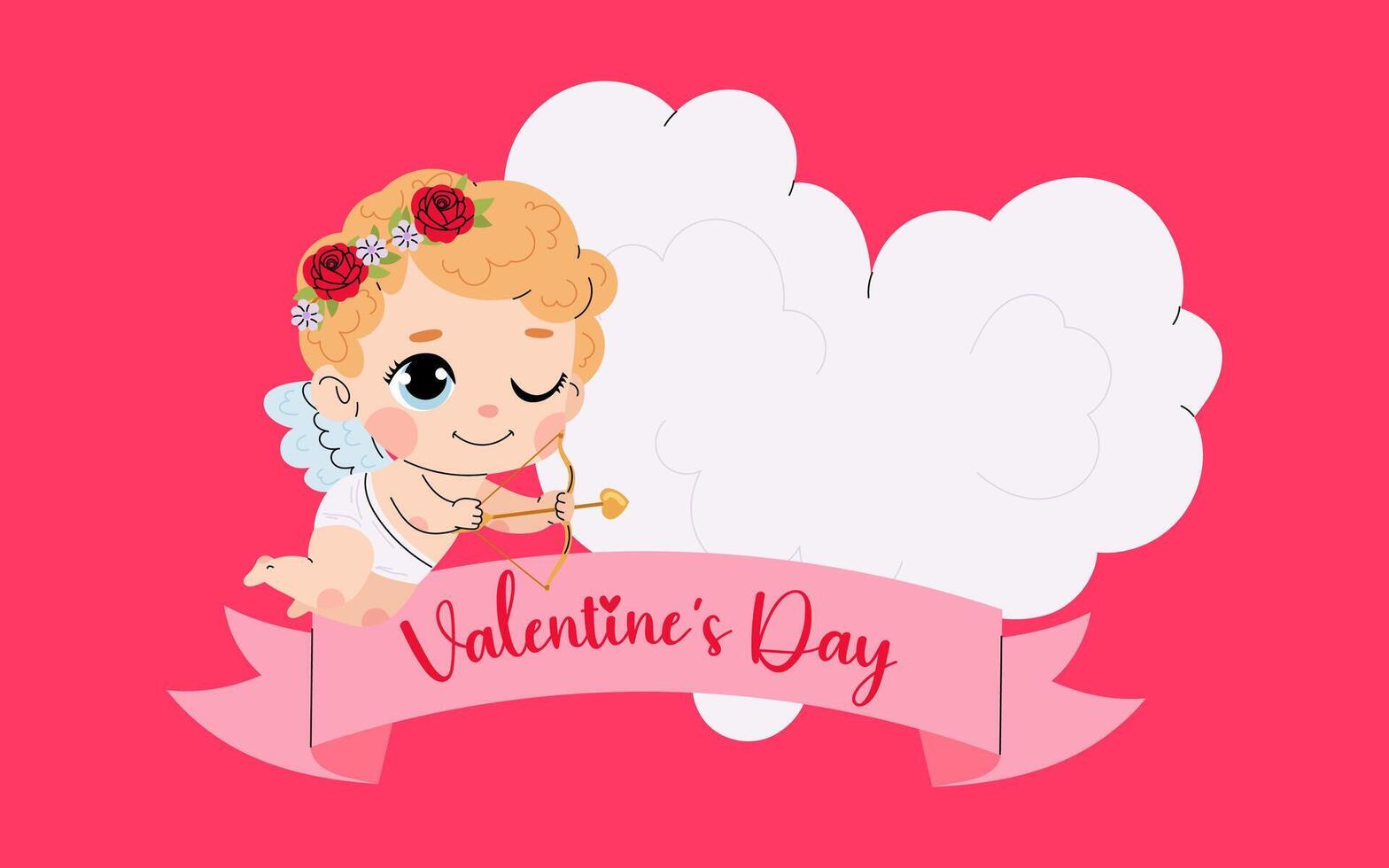Happy Valentine Day background. Backdrop with cute cupid, lettering and heart shaped cloud. Holiday card in flat style. vector