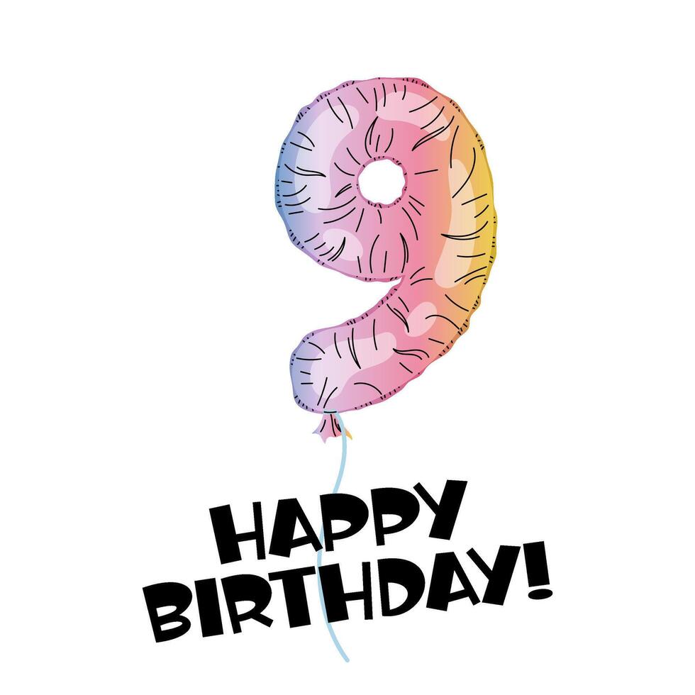 Number 9 made with foil holographic. Birthday balloon. Decor for party, birthday. Happy Birthday Lettering. Greeting card. Rainbow number. vector