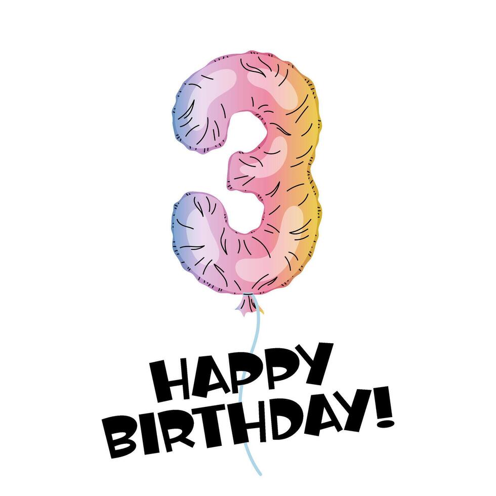 Number 3 made with foil holographic. Birthday balloon. Decor for party, birthday. Happy Birthday Lettering. Greeting card. Rainbow number. vector