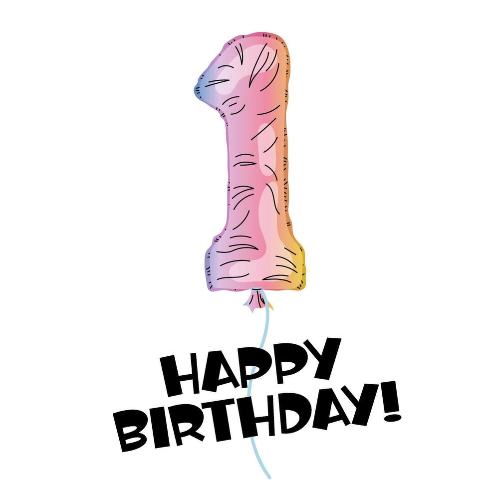 Birthday balloon. Decor for party, birthday. Happy Birthday Lettering. Number 1 made with foil holographic. Greeting card. Rainbow number. vector