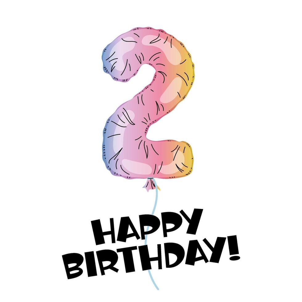 Birthday balloon. Decor for party, birthday. Number 2 made with foil holographic. Happy Birthday Lettering. Greeting card. Rainbow number. vector