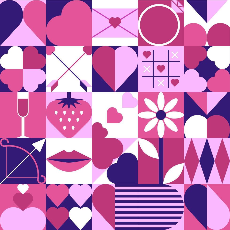Seamless geometric pattern with hearts, arrows, flowers, and romantic symbols vector