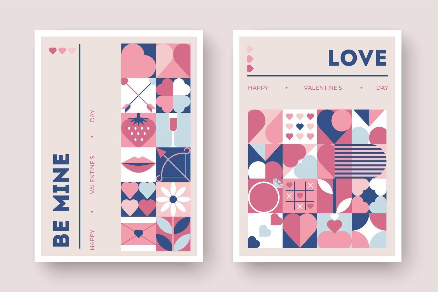 Valentines Day cards with geometric patterns featuring hearts, arrows, flowers, and romantic symbols vector