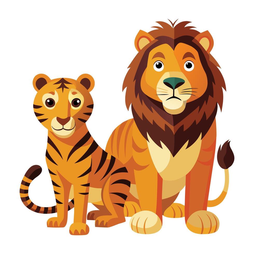 Cartoon Lion and Tiger Cub Majestic Jungle Animals Illustration vector