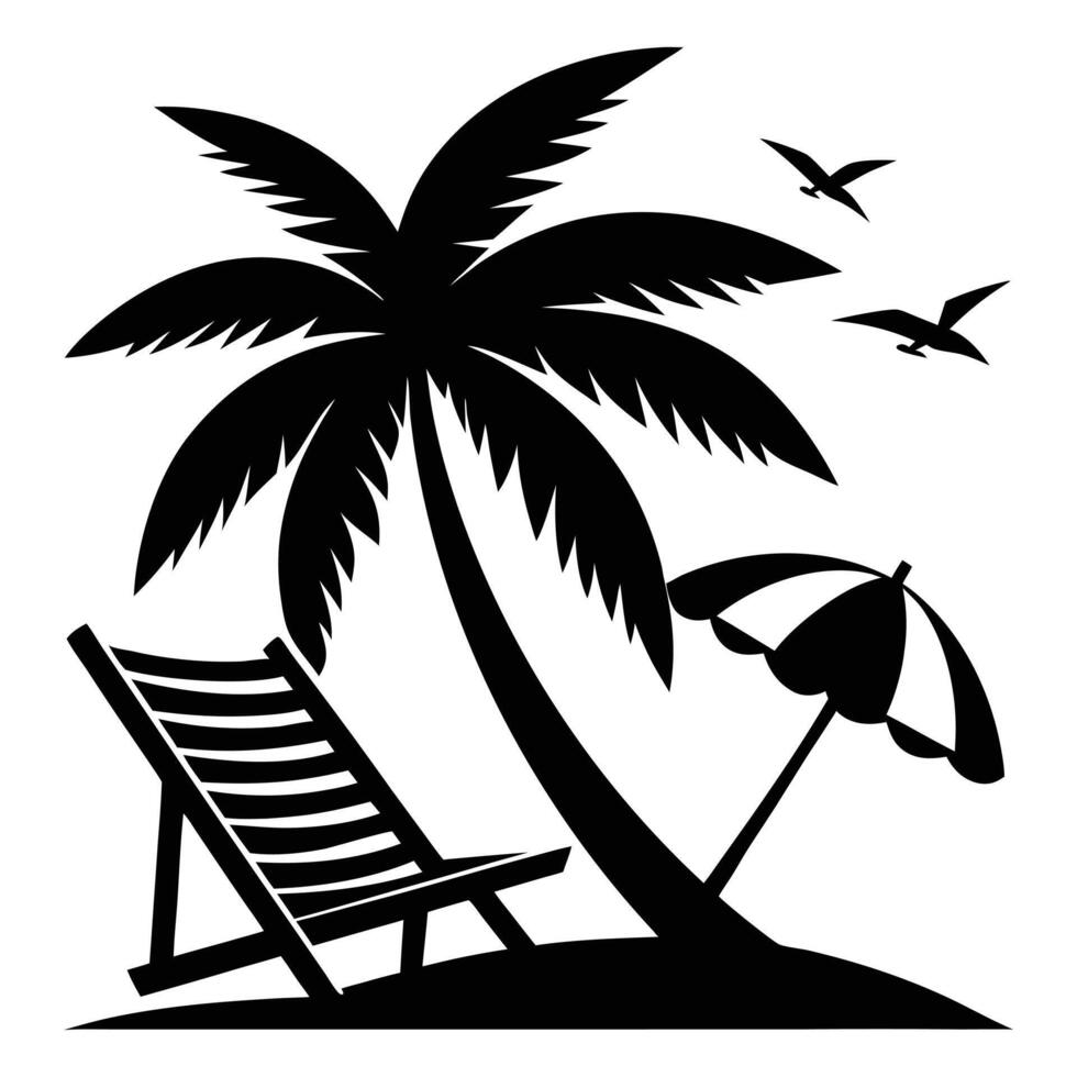 Black silhouette of a tropical beach scene with palm tree and chair vector
