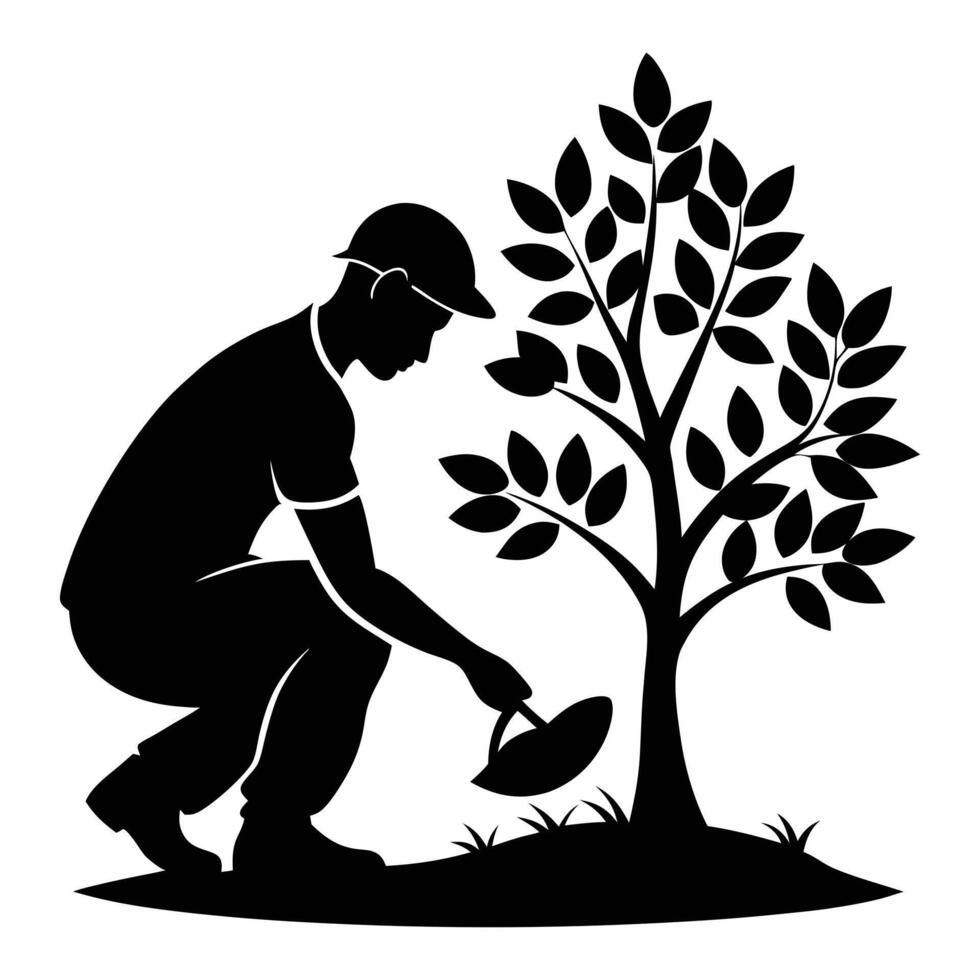 A Man Planting a Tree Silhouette outline black and white Graphic vector