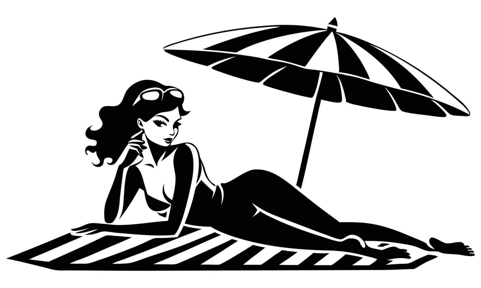 Beauty Girl Lying On Beach Summer Umbrella Silhouette outline black and white Graphic vector
