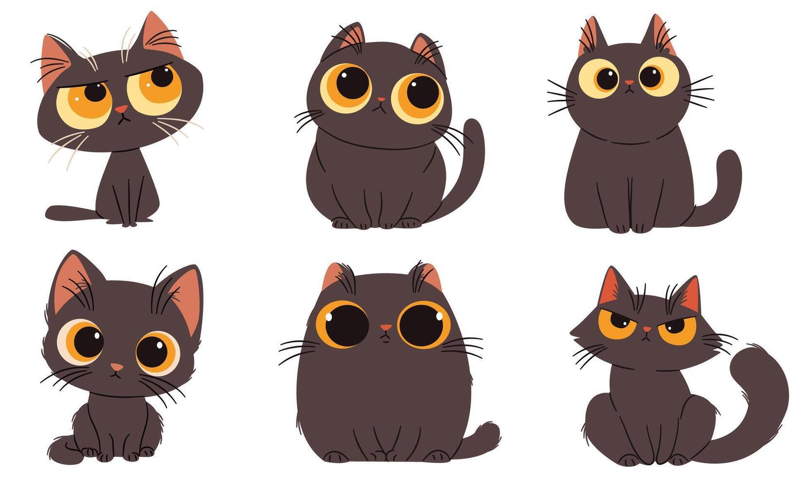 A set of flat illustrations in a simple children's style. Cute black cats with big eyes with different emotions vector