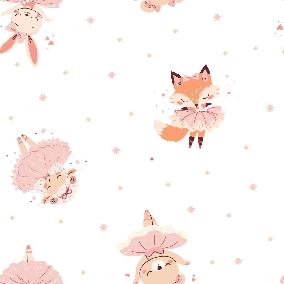 Seamless pattern in a simple childish style. Cute ballerina animals, lamb rabbit bear and fox in tutu ballerinas dancing ballet vector