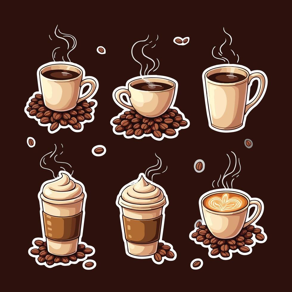 Coffee illustration bundle with steaming cups, beans, and takeaway coffee cups on a dark brown background vector