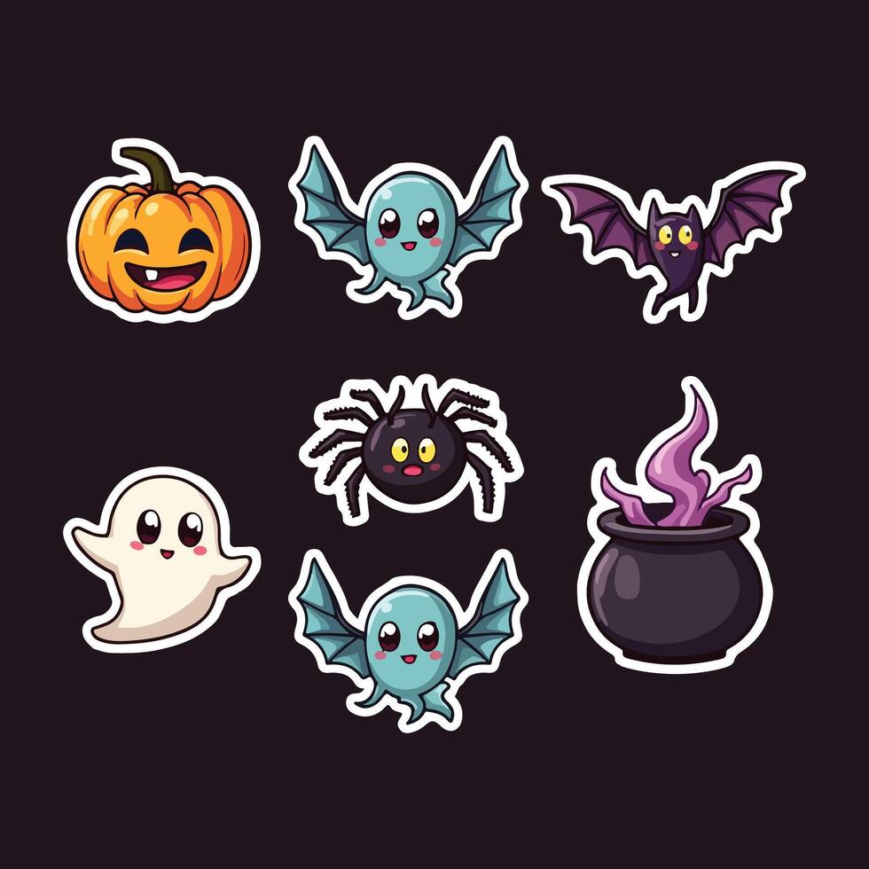 Playful Halloween bundle illustration with pumpkins, bats, ghosts, and cauldrons vector