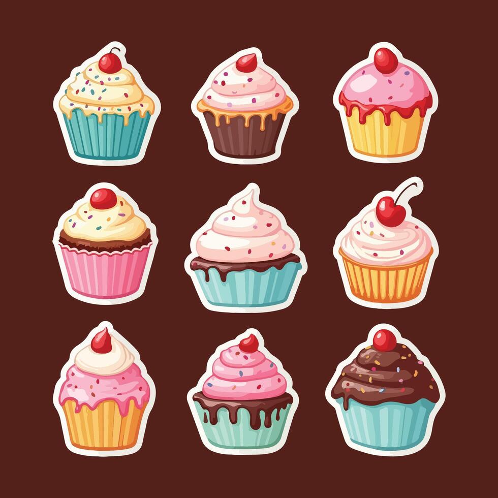 Cupcake illustration bundle featuring colorful baked goods and pastries, great for sweet designs and bakery lovers. vector