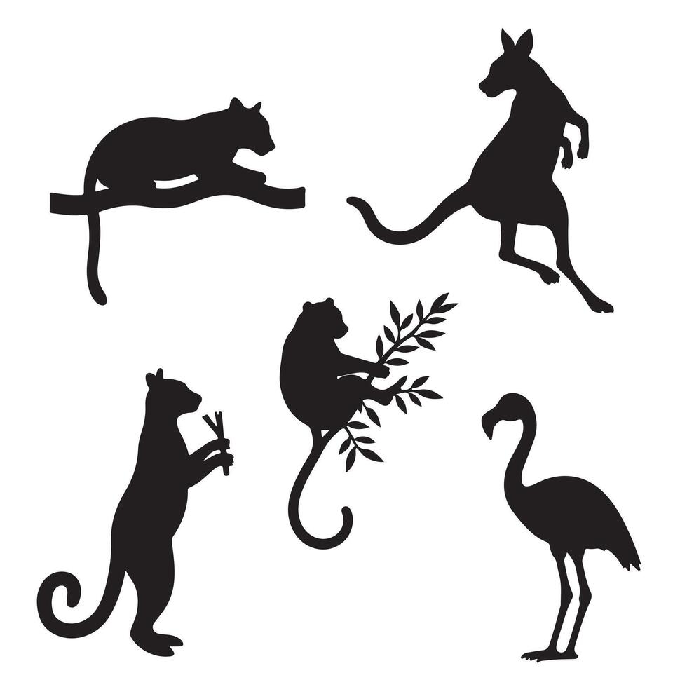 Wildlife Like Kangaroos, Cats, and Exotic Birds in a Creative Silhouette Bundle for Artistic and Nature-Themed Designs vector