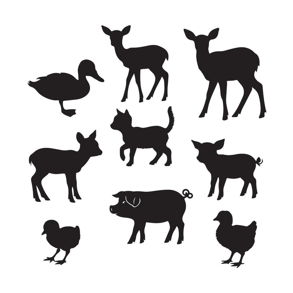 Farmyard Favorites Like Pigs, Goats, Chickens, and Deer Presented in an Animal Silhouette Bundle for Creative Rural Design Themes vector