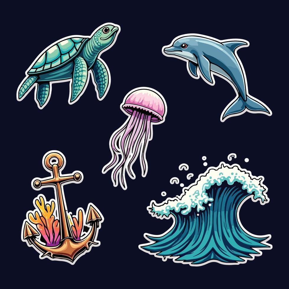 Marine life bundle featuring a turtle, dolphin, jellyfish, coral reef, anchor, ocean waves, and underwater elements on a blue background vector