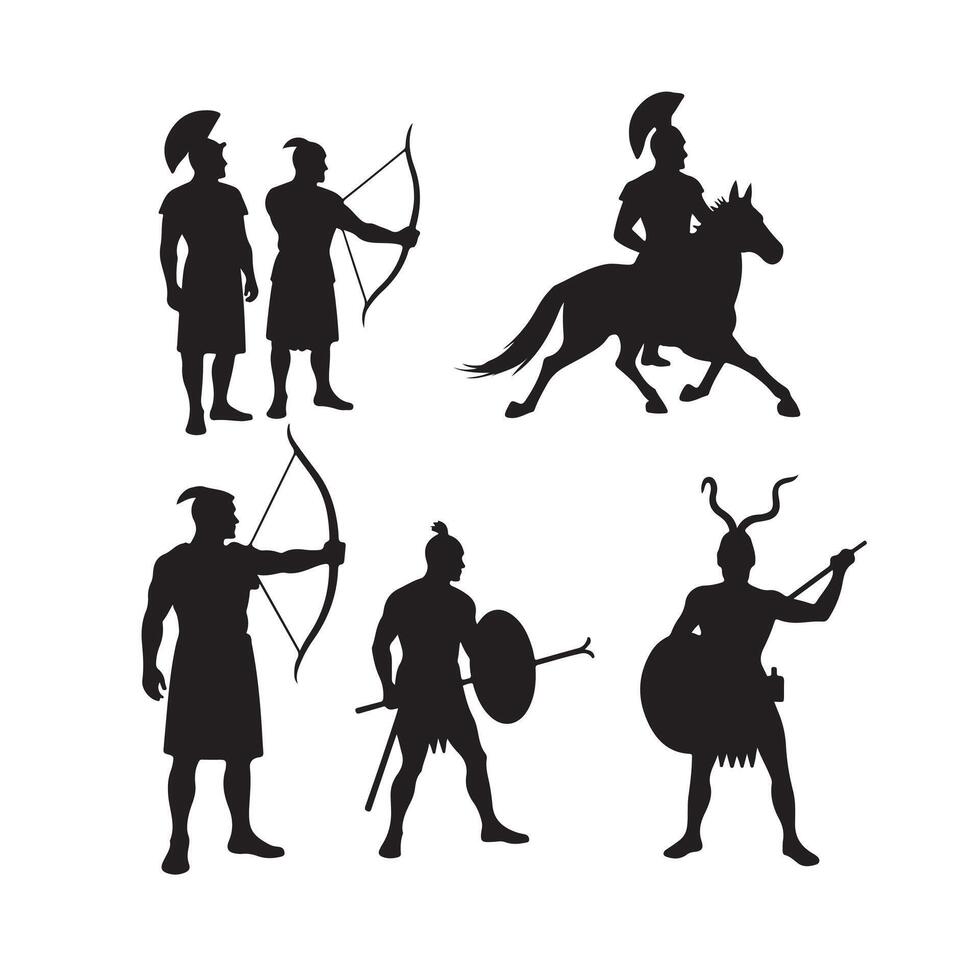 Historic Soldiers with Bows, Spears, and Shields in a Warrior Silhouette Bundle for Creative Historical Themes and Designs vector