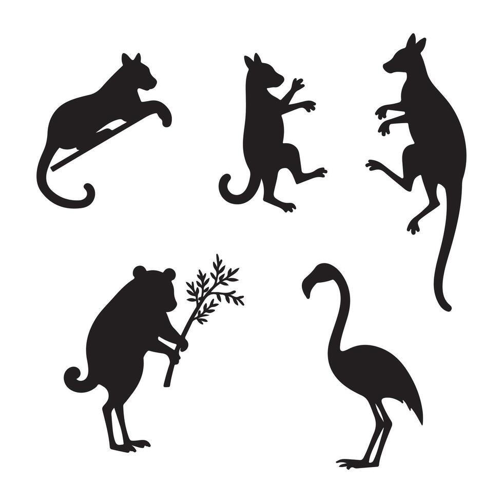 Dynamic Kangaroos, Cats, and Exotic Birds Presented in a Wildlife Silhouette Bundle for Creative and Nature-Inspired Designs vector