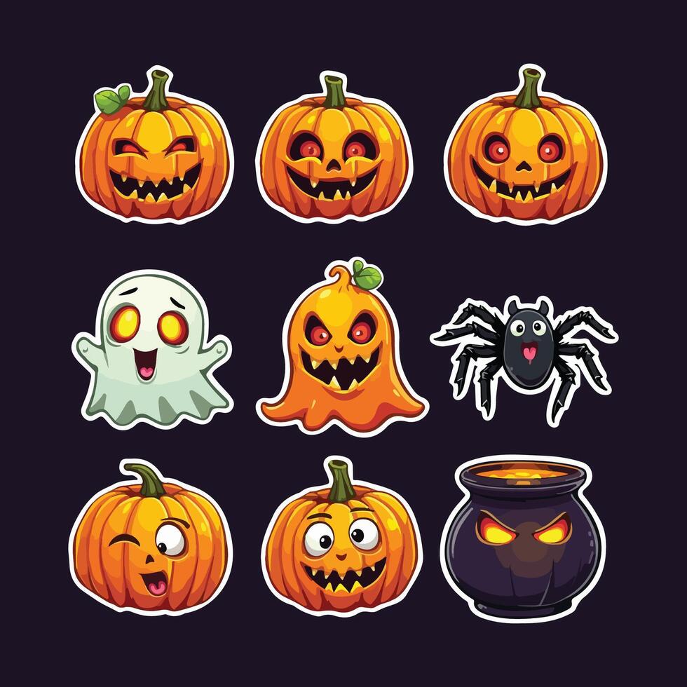 Festive Halloween bundle illustration with pumpkins, bats, ghosts, and cauldrons vector