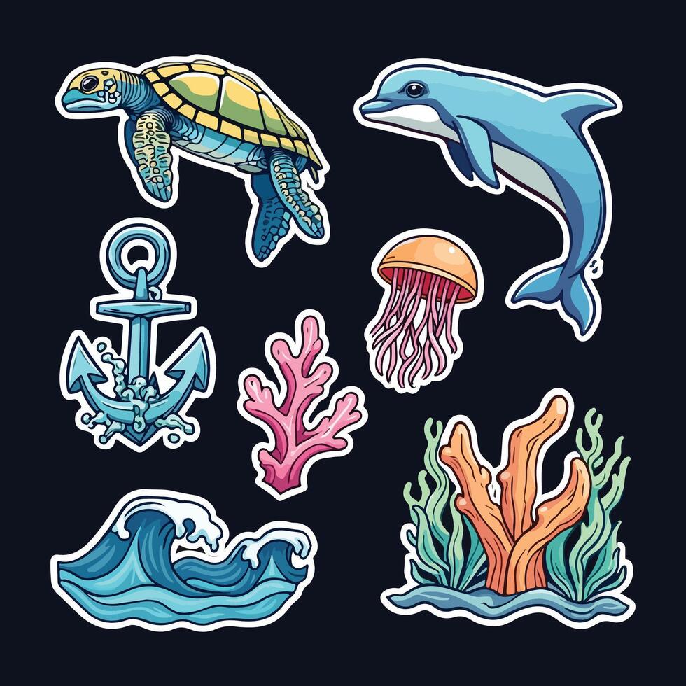 Marine-Themed Design Featuring Dolphins, Jellyfish, Turtles, Coral Reefs, And Ocean Waves vector