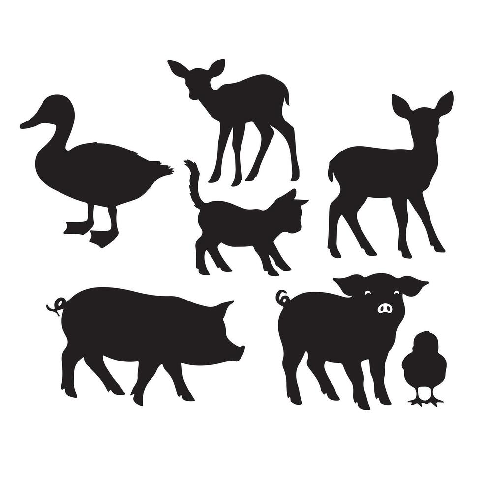 Classic Farm Animals Like Pigs, Goats, and Chickens in a Rural-Inspired Animal Silhouette Bundle for Design Projects vector
