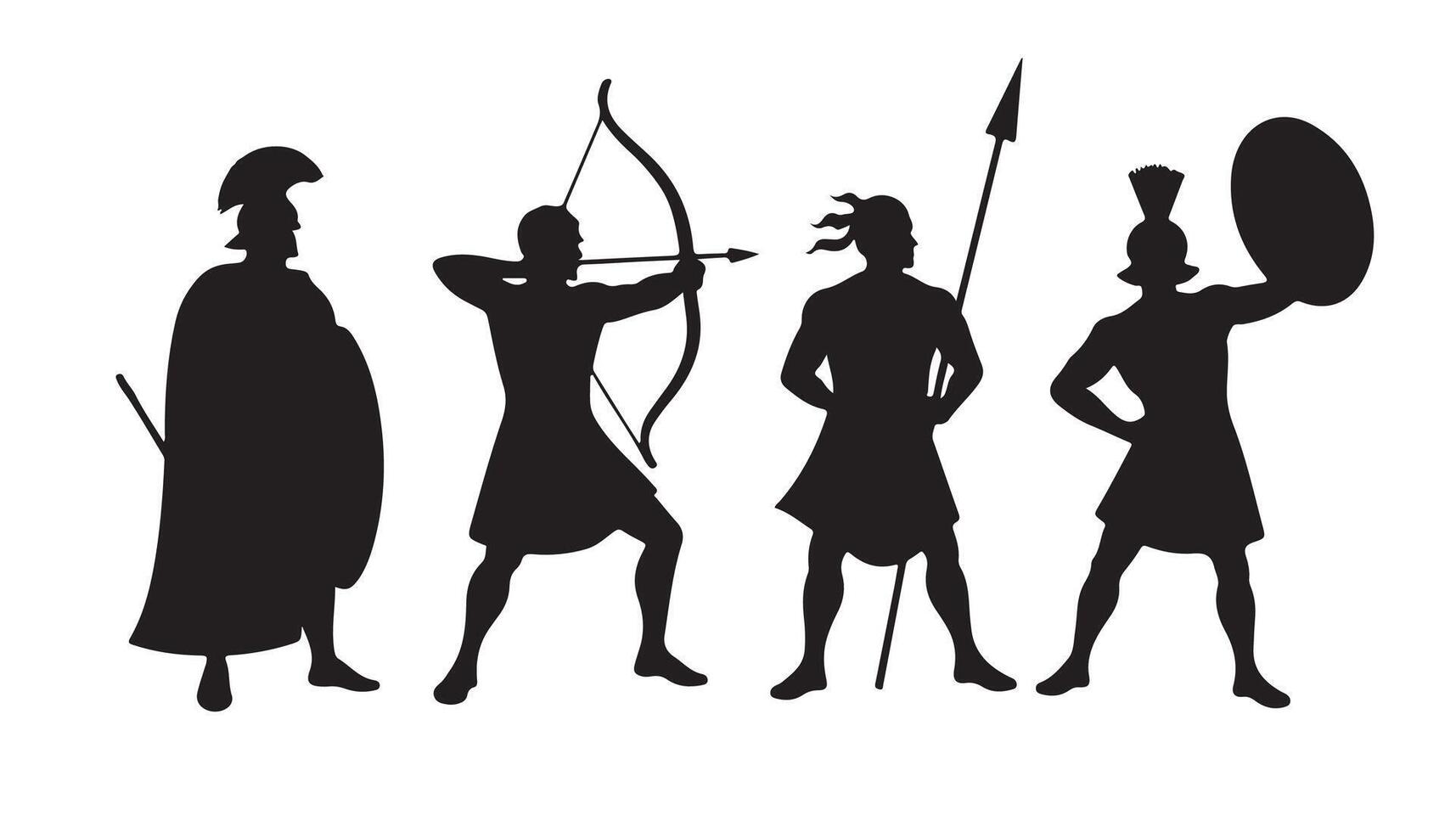 Ancient Warriors with Bows, Shields, and Spears Featured in a Historical Silhouette Bundle for Creative and Educational Designs vector