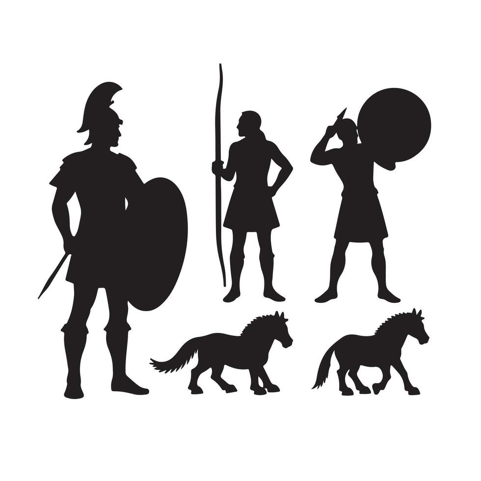 Legendary Warriors with Shields, Swords, and Horses Featured in a Historic Silhouette Bundle for Battle-Themed and Creative Designs vector