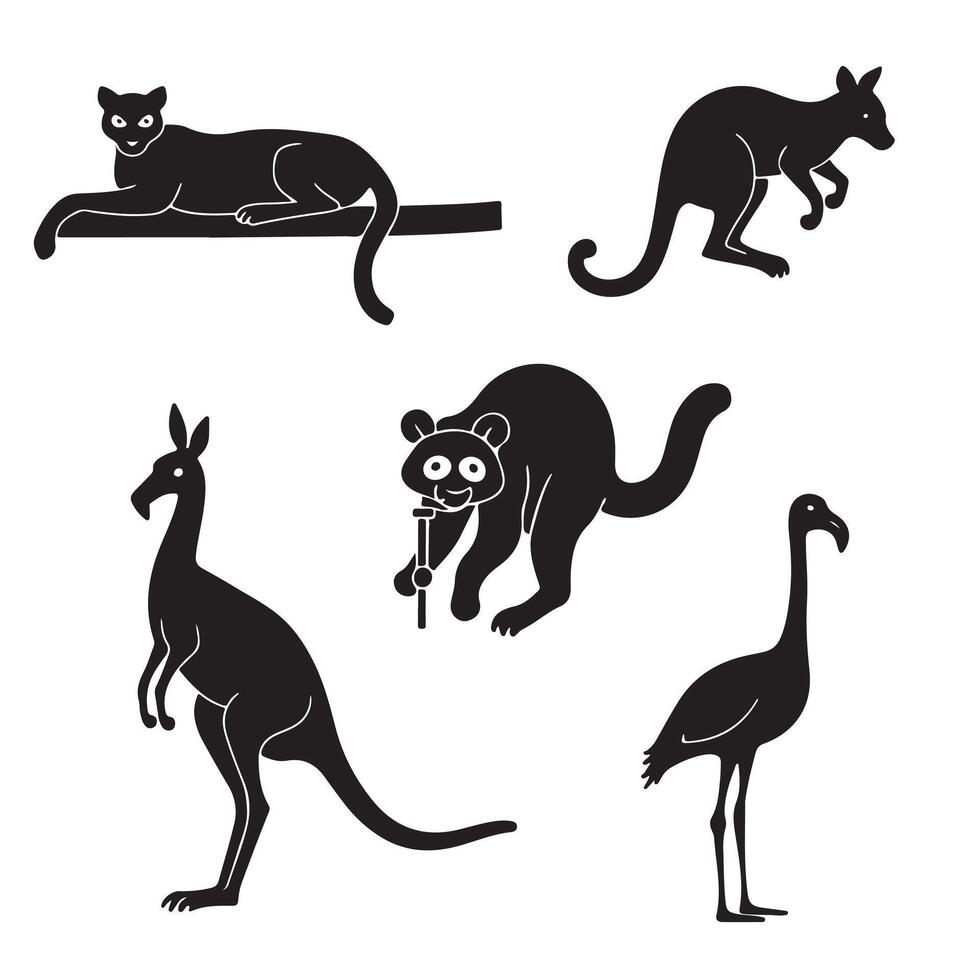 Australian Wildlife Including Kangaroos, Emus, and Exotic Animals Featured in a Dynamic Silhouette Bundle for Nature Designs vector