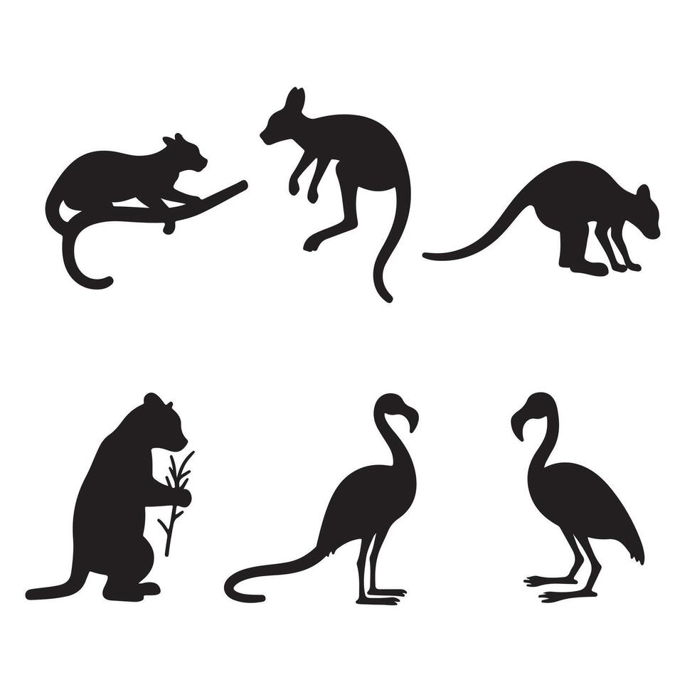 Australian Favorites Like Kangaroos, Emus, and Marsupials Featured in a Silhouette Bundle for Nature-Themed Art vector