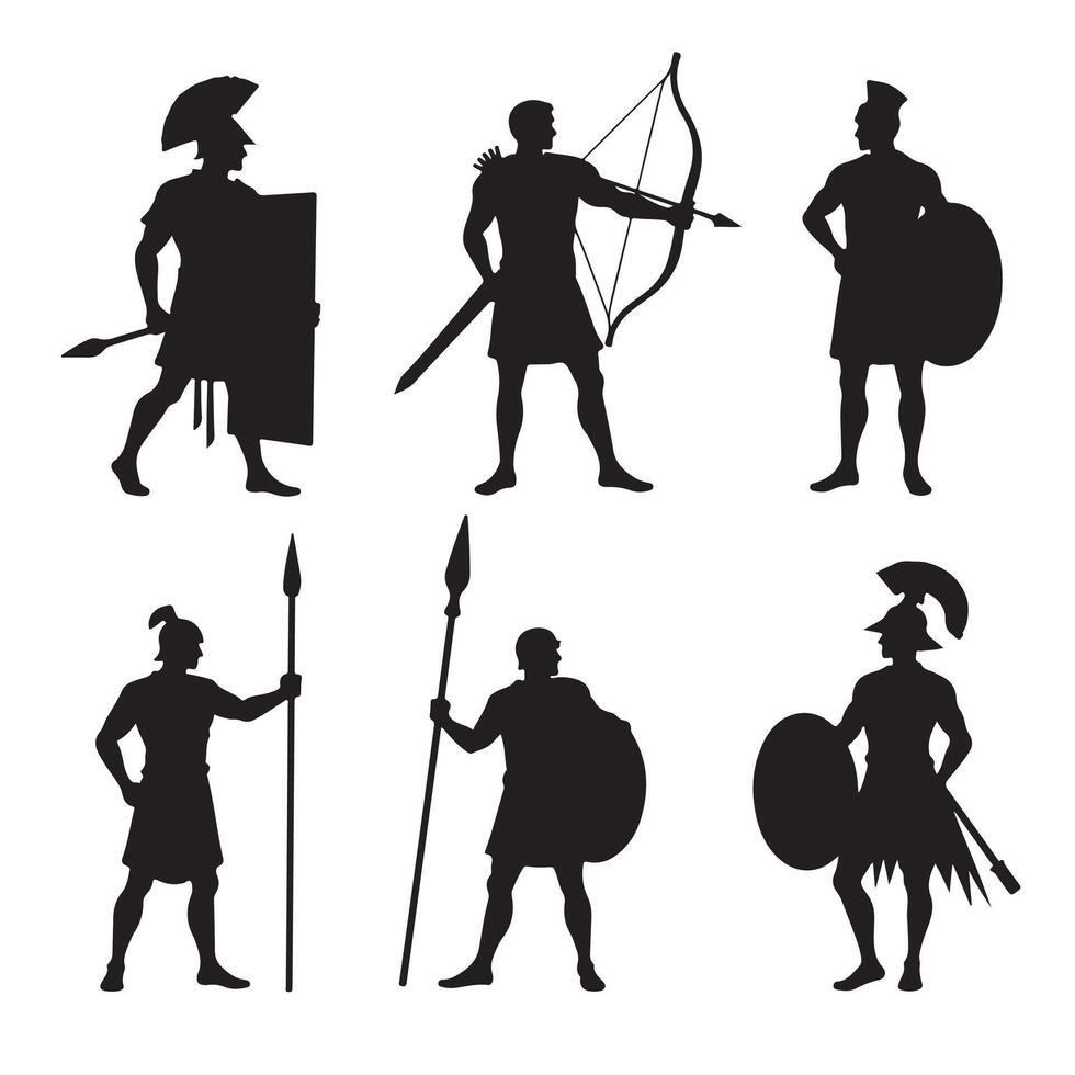 Ancient Fighters with Shields, Bows, and Spears Featured in a Historical Silhouette Bundle for Artistic and Creative Designs vector